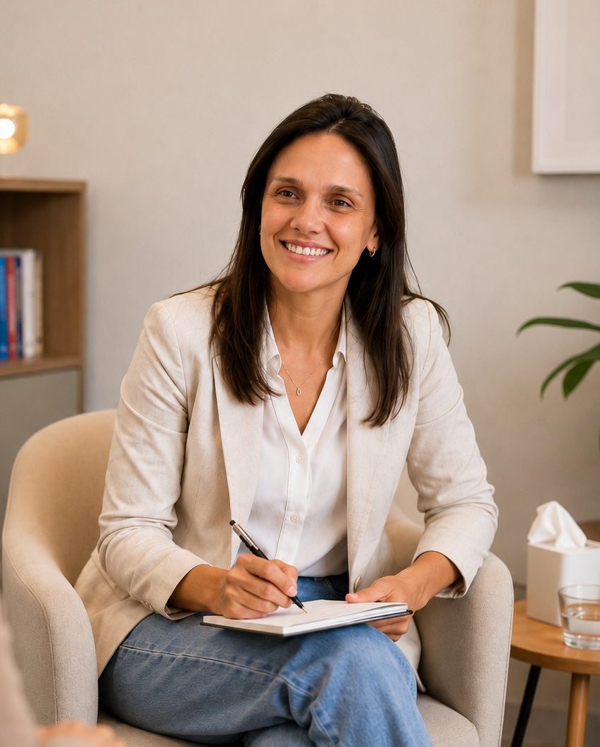 Michele Gennaro, psicóloga, sorrindo durante uma sessão de atendimento